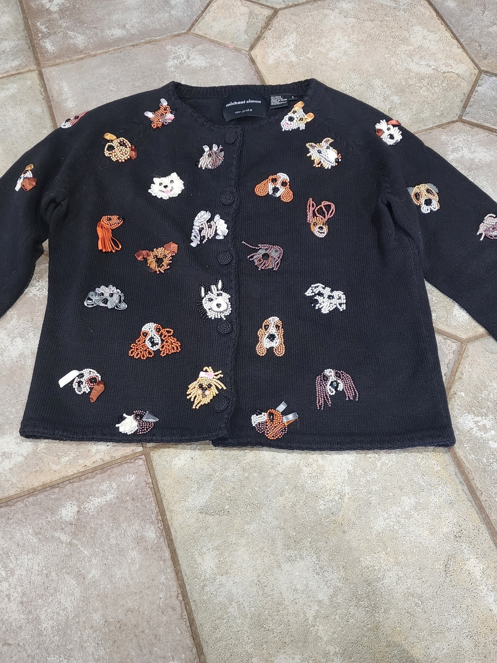 Vintage Michael Simon Black Knit Womens Cardigan with Multicolor Dog Embroidery